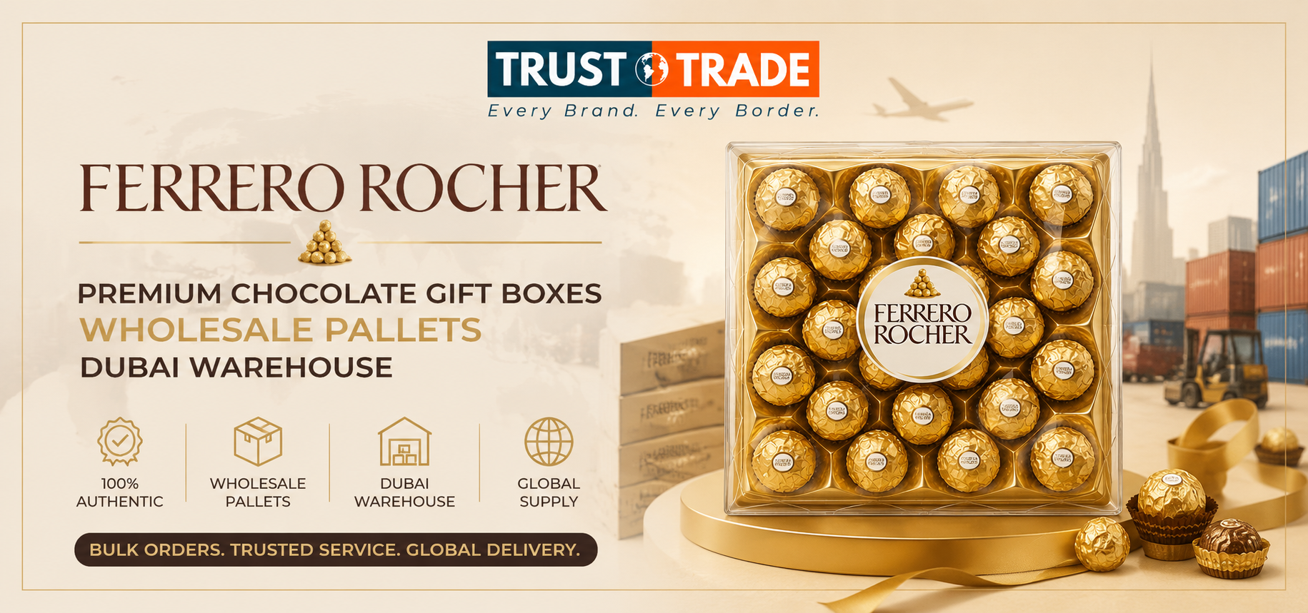 Ferrero Rocher premium chocolate gift boxes wholesale pallets Dubai warehouse — Trust N Trade UAE