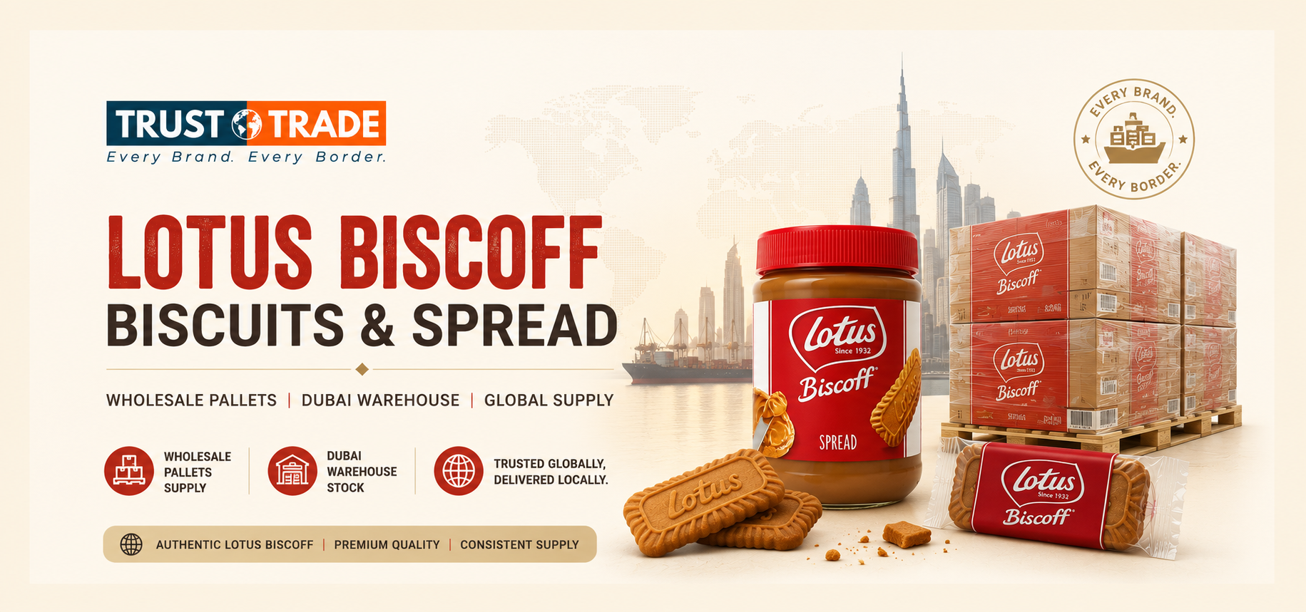 Lotus Biscoff biscuits and spread wholesale pallets Dubai warehouse — Trust N Trade UAE
