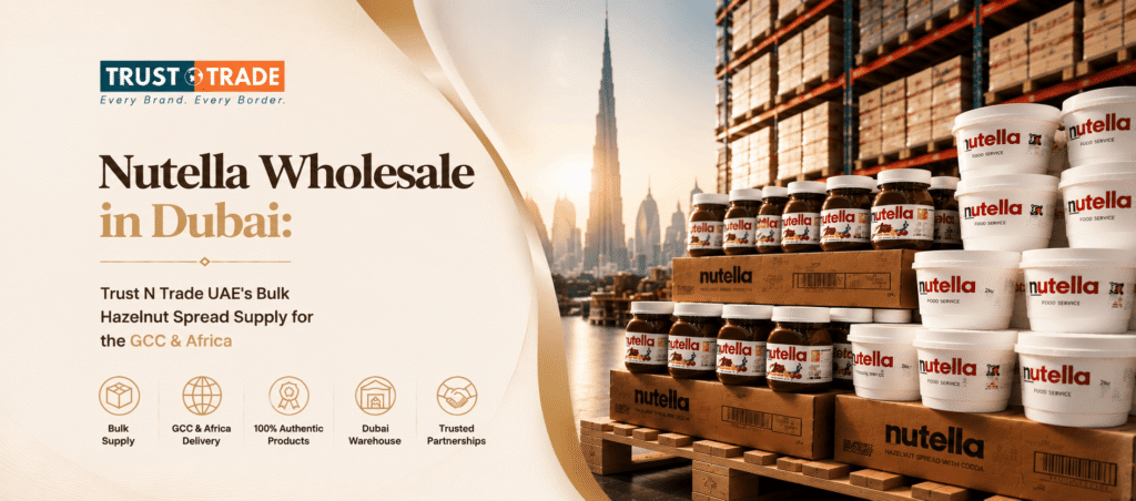 Nutella hazelnut spread jars and catering tubs wholesale pallets Dubai warehouse — Trust N Trade UAE
