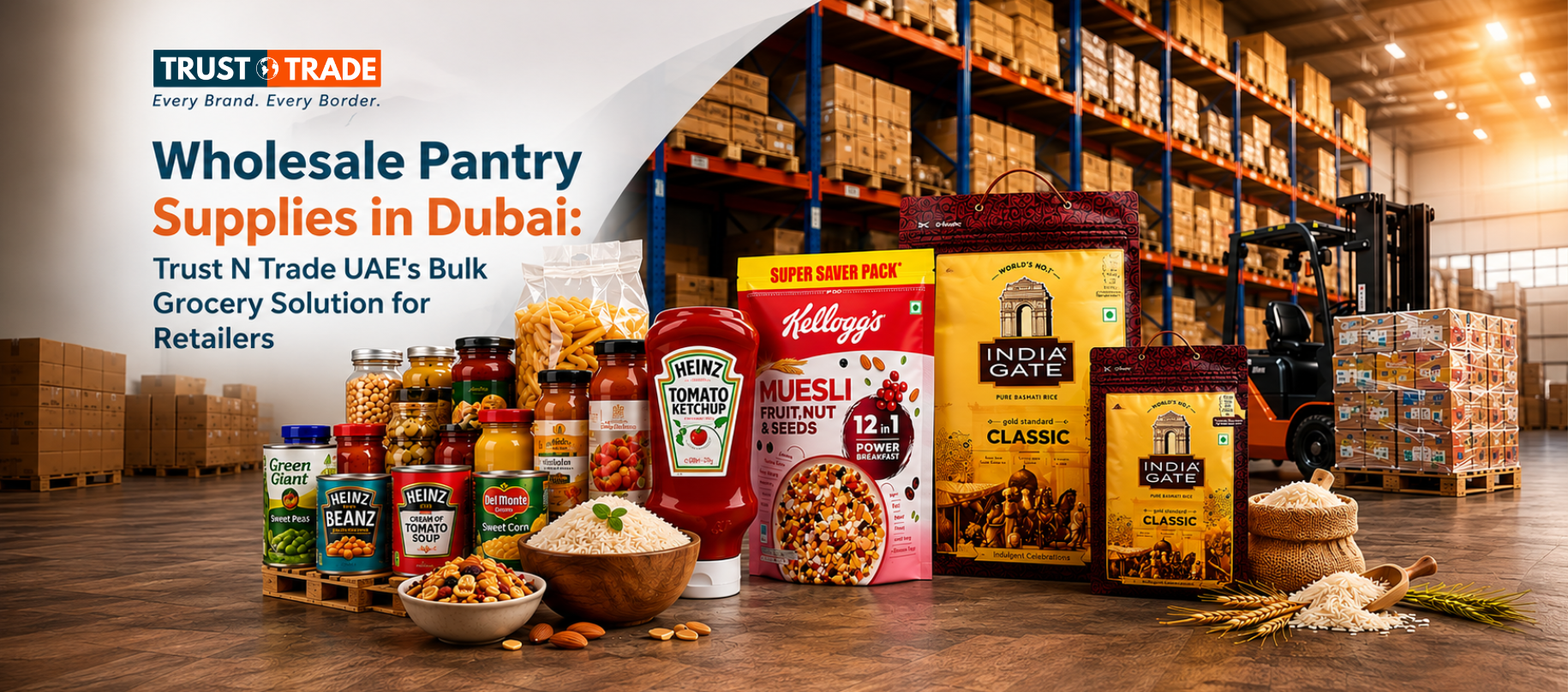 Bulk pantry groceries — Heinz, Kello gg 's and basmati rice pallets — Trust N Trade UAE Dubai wareh ouse