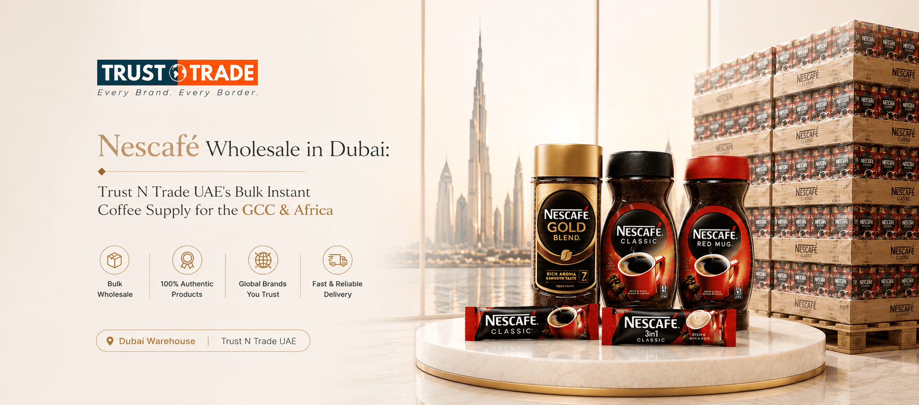 Nescafé instant coffee jars and sachets wholesale pallets Dubai warehouse — Trust N Trade UAE