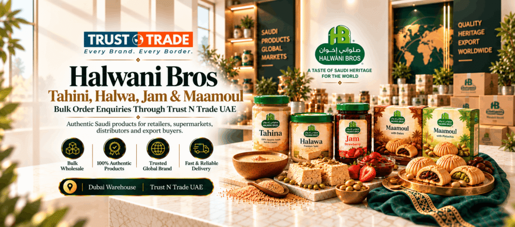Book your Halwani Bros bulk order through Trust N Trade UAE. Request availability, carton pricing and delivery details for tahini, halwa, jam and maamoul.